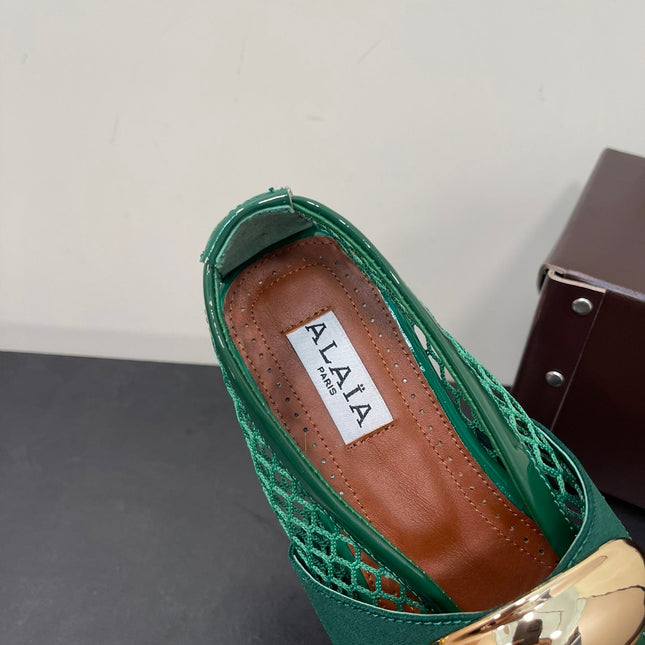 ALAIA BALLET FLATS IN COOL GREEN MESH FISHNET WITH GOLD HARDWARE