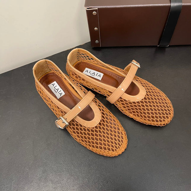 ALAIA BALLET FLATS IN COPPER BROWN MESH FISHNET