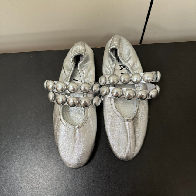 ALAIA SPHERE BALLET FLATS IN SILVER LAMBSKIN