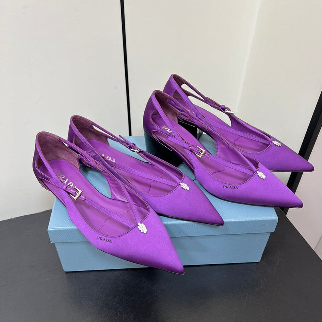 CUT-OUT BALLERINA FLAT IN VIOLET SATIN ATTACHED BEAD BUCKLE