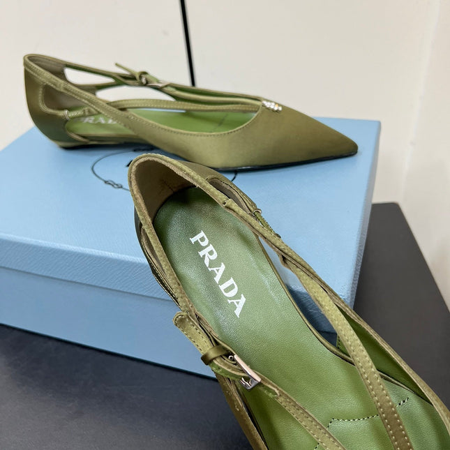 CUT-OUT BALLERINA FLAT IN OLIVE GREEN SATIN ATTACHED BEAD BUCKLE