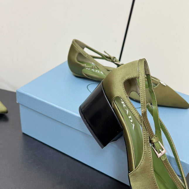 CUT-OUT PUMPS WITH BEAD BUCKLE IN OLIVE GREEN SATIN