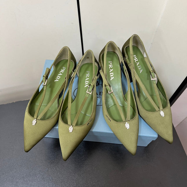 CUT-OUT PUMPS WITH BEAD BUCKLE IN OLIVE GREEN SATIN