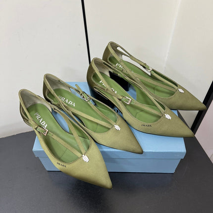 CUT-OUT BALLERINA FLAT IN OLIVE GREEN SATIN ATTACHED BEAD BUCKLE