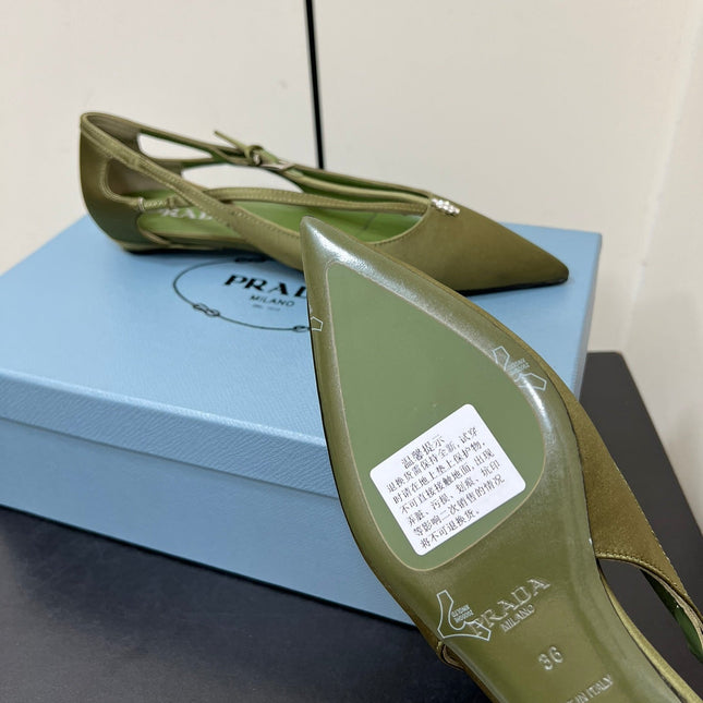 CUT-OUT BALLERINA FLAT IN OLIVE GREEN SATIN ATTACHED BEAD BUCKLE