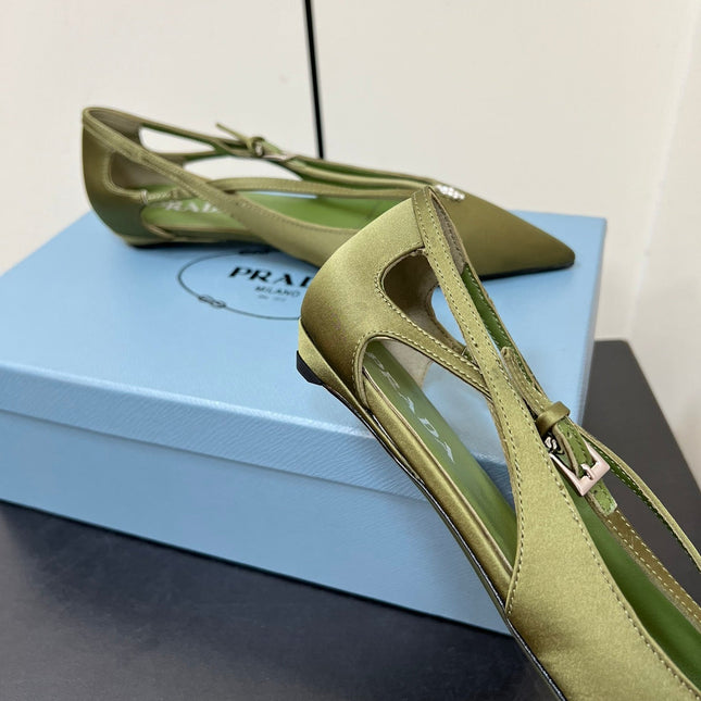 CUT-OUT BALLERINA FLAT IN OLIVE GREEN SATIN ATTACHED BEAD BUCKLE