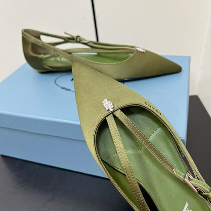CUT-OUT BALLERINA FLAT IN OLIVE GREEN SATIN ATTACHED BEAD BUCKLE