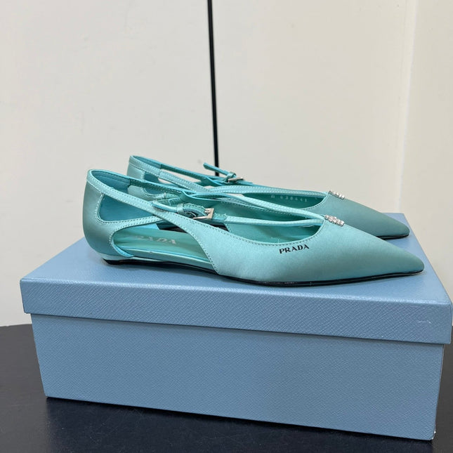 CUT-OUT BALLERINA FLAT IN TURQUOISE BLUE SATIN ATTACHED BEAD BUCKLE