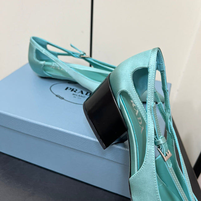CUT-OUT PUMPS WITH BEAD BUCKLE IN TURQUOISE BLUE SATIN
