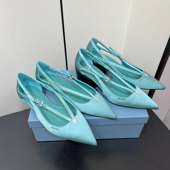 CUT-OUT BALLERINA FLAT IN TURQUOISE BLUE SATIN ATTACHED BEAD BUCKLE