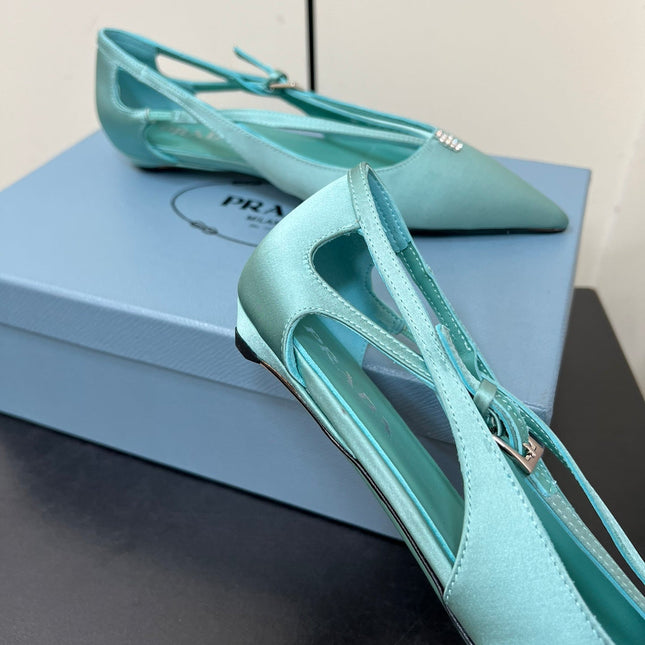 CUT-OUT BALLERINA FLAT IN TURQUOISE BLUE SATIN ATTACHED BEAD BUCKLE