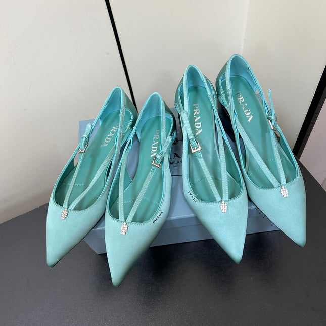 CUT-OUT PUMPS WITH BEAD BUCKLE IN TURQUOISE BLUE SATIN