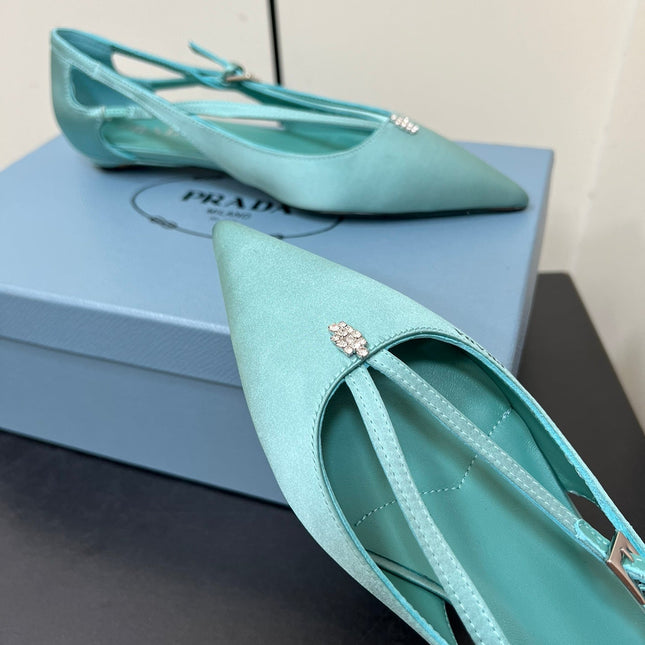 CUT-OUT BALLERINA FLAT IN TURQUOISE BLUE SATIN ATTACHED BEAD BUCKLE