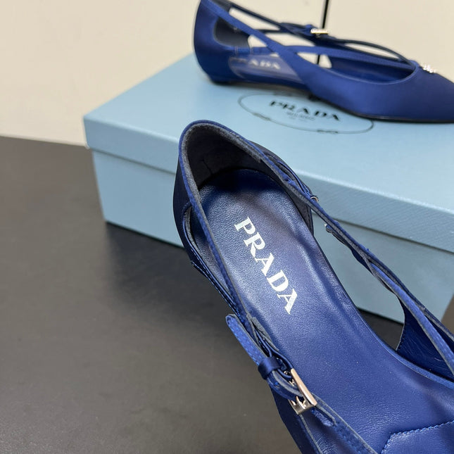 CUT-OUT BALLERINA FLAT IN NAVY BLUE SATIN ATTACHED BEAD BUCKLE