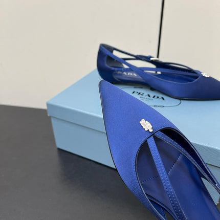 CUT-OUT BALLERINA FLAT IN NAVY BLUE SATIN ATTACHED BEAD BUCKLE