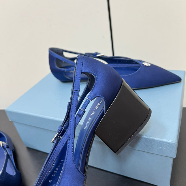 CUT-OUT PUMPS WITH BEAD BUCKLE IN NAVY BLUE SATIN