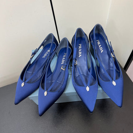 CUT-OUT PUMPS WITH BEAD BUCKLE IN NAVY BLUE SATIN