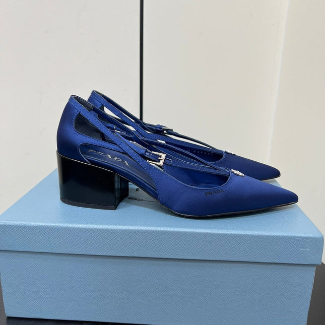 CUT-OUT PUMPS WITH BEAD BUCKLE IN NAVY BLUE SATIN