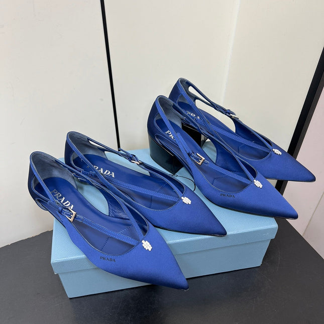 CUT-OUT BALLERINA FLAT IN NAVY BLUE SATIN ATTACHED BEAD BUCKLE