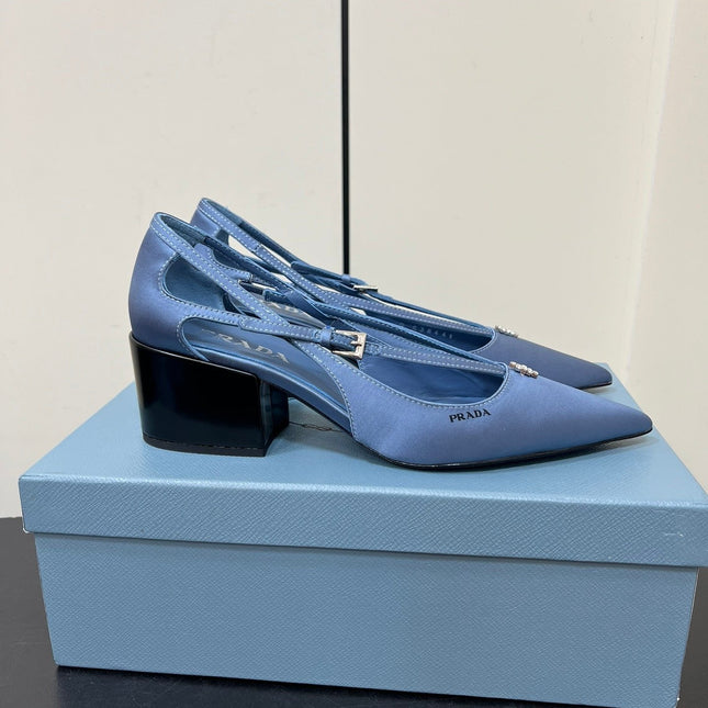 CUT-OUT PUMPS WITH BEAD BUCKLE IN PERANO BLUE SATIN