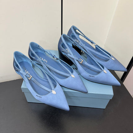 CUT-OUT BALLERINA FLAT IN PERANO BLUE SATIN ATTACHED BEAD BUCKLE