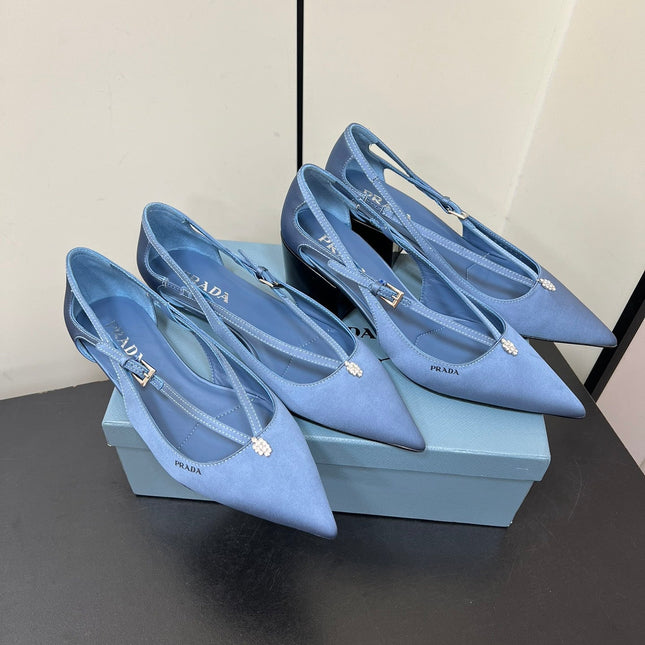 CUT-OUT BALLERINA FLAT IN PERANO BLUE SATIN ATTACHED BEAD BUCKLE