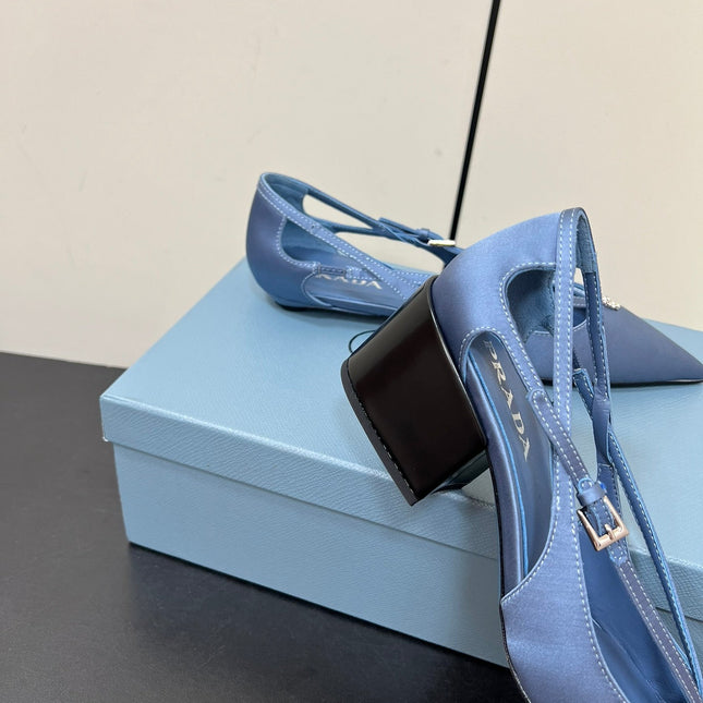 CUT-OUT PUMPS WITH BEAD BUCKLE IN PERANO BLUE SATIN