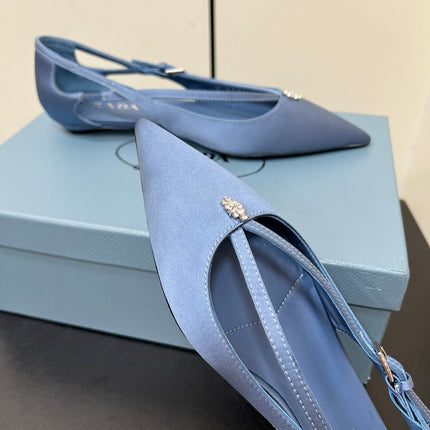 CUT-OUT BALLERINA FLAT IN PERANO BLUE SATIN ATTACHED BEAD BUCKLE