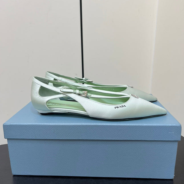CUT-OUT BALLERINA FLAT IN CHETWODE GREEN SATIN ATTACHED BEAD BUCKLE