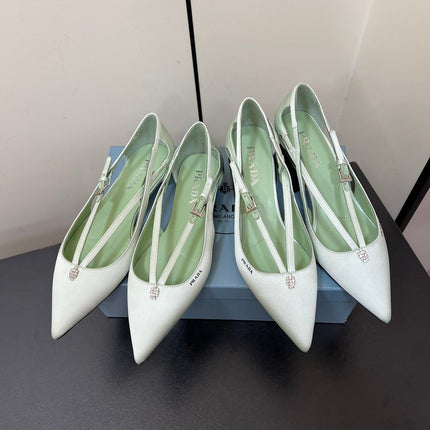 CUT-OUT PUMPS WITH BEAD BUCKLE IN CHETWODE GREEN SATIN