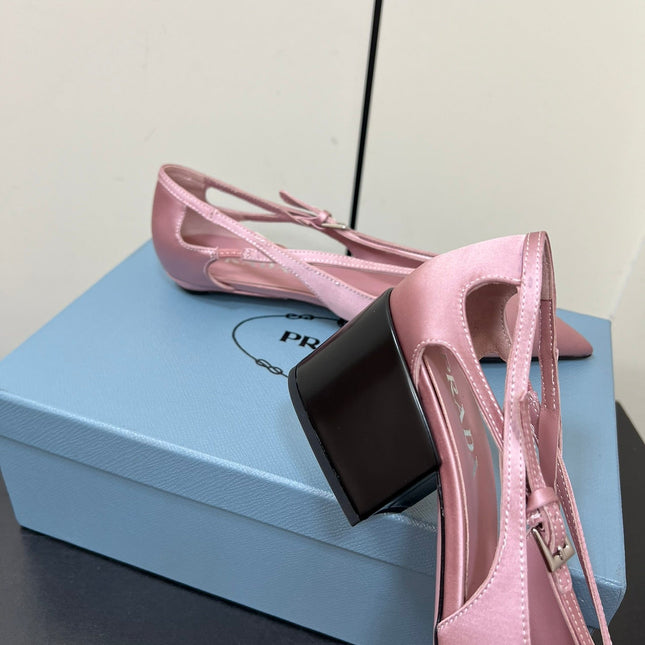 CUT-OUT PUMPS WITH BEAD BUCKLE IN BABY PINK SATIN