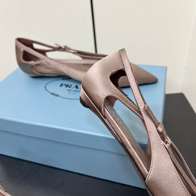 CUT-OUT BALLERINA FLAT IN HAZELNUT BEIGE SATIN ATTACHED BEAD BUCKLE