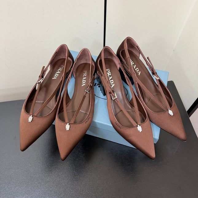 CUT-OUT BALLERINA FLAT IN CHOCOLATE BROWN SATIN ATTACHED BEAD BUCKLE