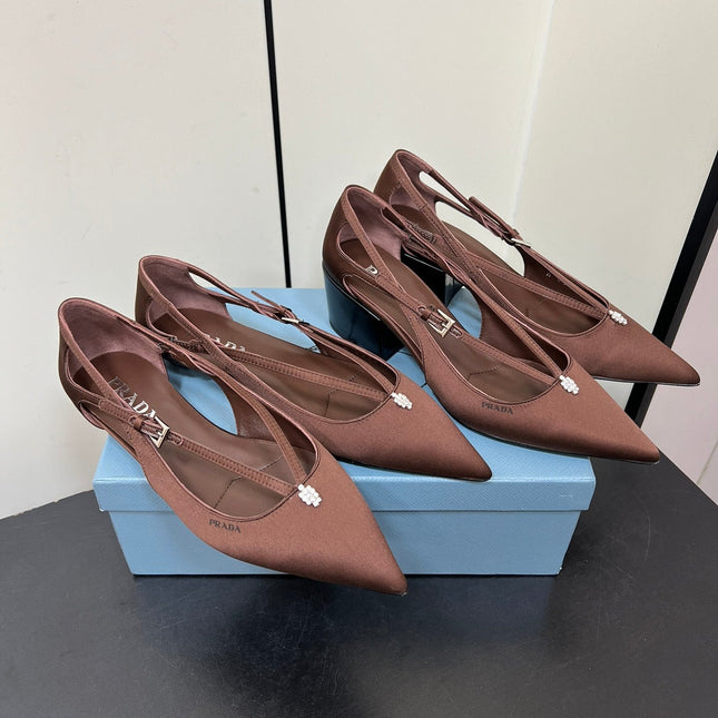 CUT-OUT PUMPS WITH BEAD BUCKLE IN CHOCOLATE BROWN SATIN