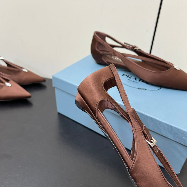 CUT-OUT BALLERINA FLAT IN CHOCOLATE BROWN SATIN ATTACHED BEAD BUCKLE