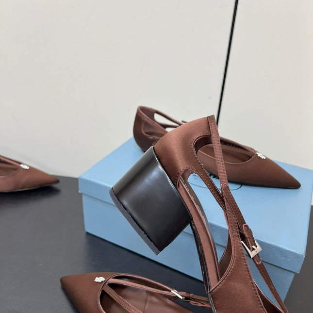 CUT-OUT PUMPS WITH BEAD BUCKLE IN CHOCOLATE BROWN SATIN