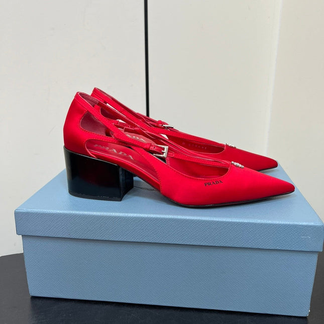 CUT-OUT PUMPS WITH BEAD BUCKLE IN CLASSIC RED SATIN