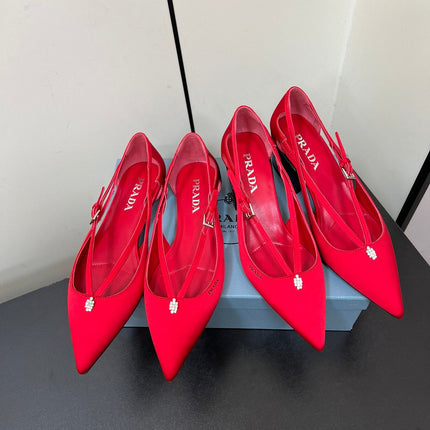 CUT-OUT PUMPS WITH BEAD BUCKLE IN CLASSIC RED SATIN