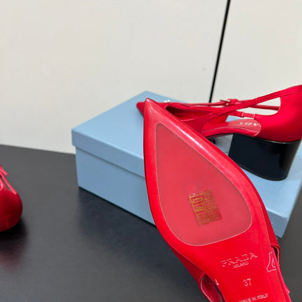 CUT-OUT PUMPS WITH BEAD BUCKLE IN CLASSIC RED SATIN