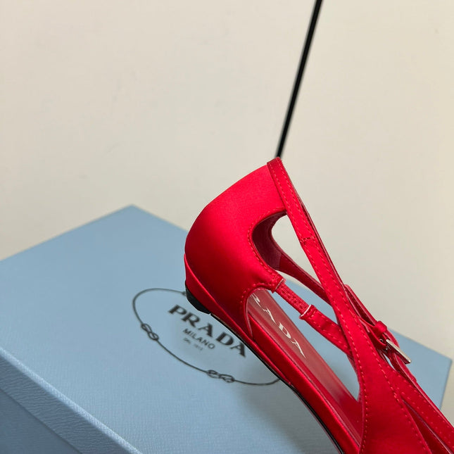 CUT-OUT BALLERINA FLAT IN CLASSIC RED SATIN ATTACHED BEAD BUCKLE