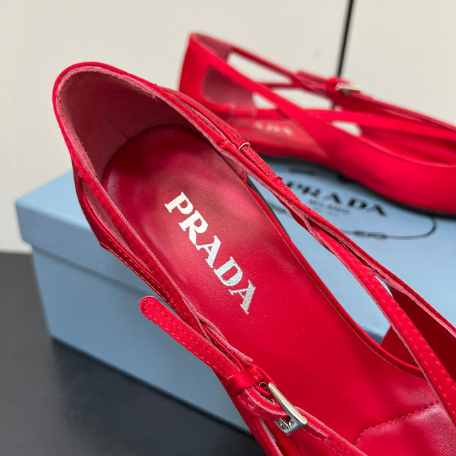 CUT-OUT BALLERINA FLAT IN CLASSIC RED SATIN ATTACHED BEAD BUCKLE