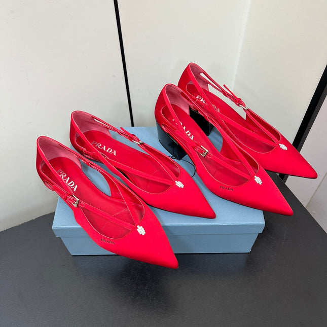 CUT-OUT PUMPS WITH BEAD BUCKLE IN CLASSIC RED SATIN