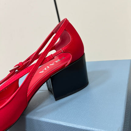 CUT-OUT PUMPS WITH BEAD BUCKLE IN CLASSIC RED SATIN