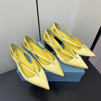 CUT-OUT PUMPS WITH BEAD BUCKLE IN LIGHT YELLOW SATIN