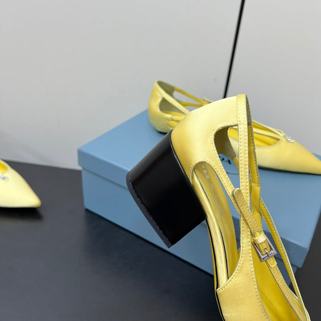 CUT-OUT PUMPS WITH BEAD BUCKLE IN LIGHT YELLOW SATIN