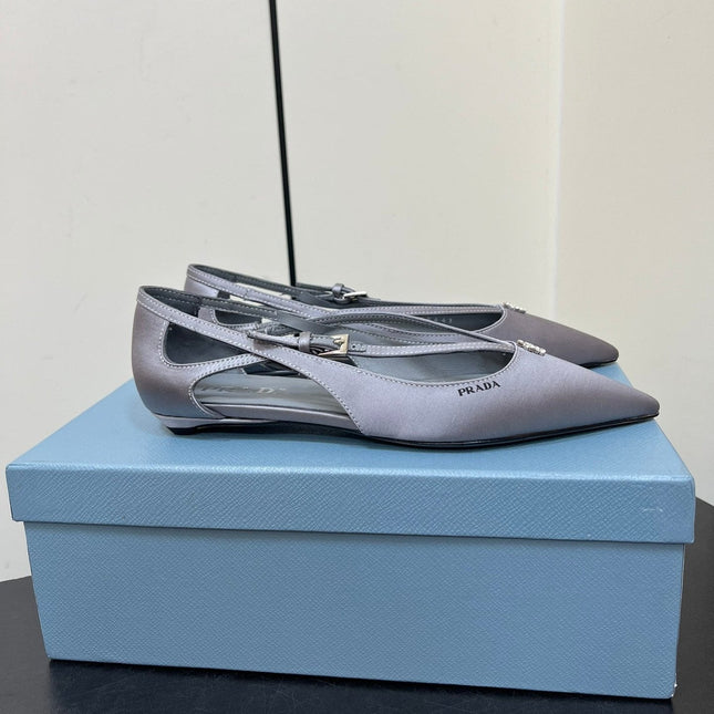 CUT-OUT BALLERINA FLAT IN WARM GRAY SATIN ATTACHED BEAD BUCKLE