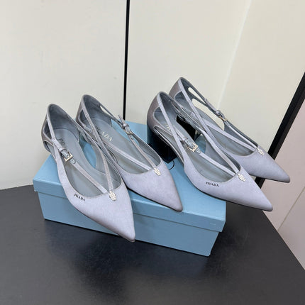 CUT-OUT PUMPS WITH BEAD BUCKLE IN WARM GRAY SATIN