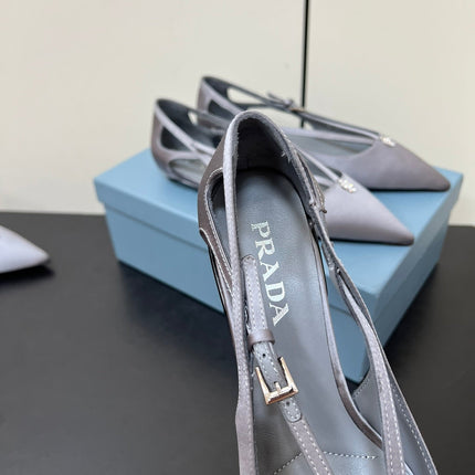 CUT-OUT BALLERINA FLAT IN WARM GRAY SATIN ATTACHED BEAD BUCKLE