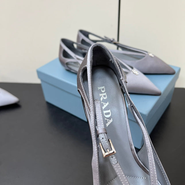 CUT-OUT BALLERINA FLAT IN WARM GRAY SATIN ATTACHED BEAD BUCKLE