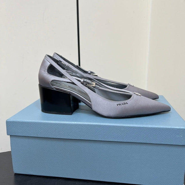 CUT-OUT PUMPS WITH BEAD BUCKLE IN WARM GRAY SATIN